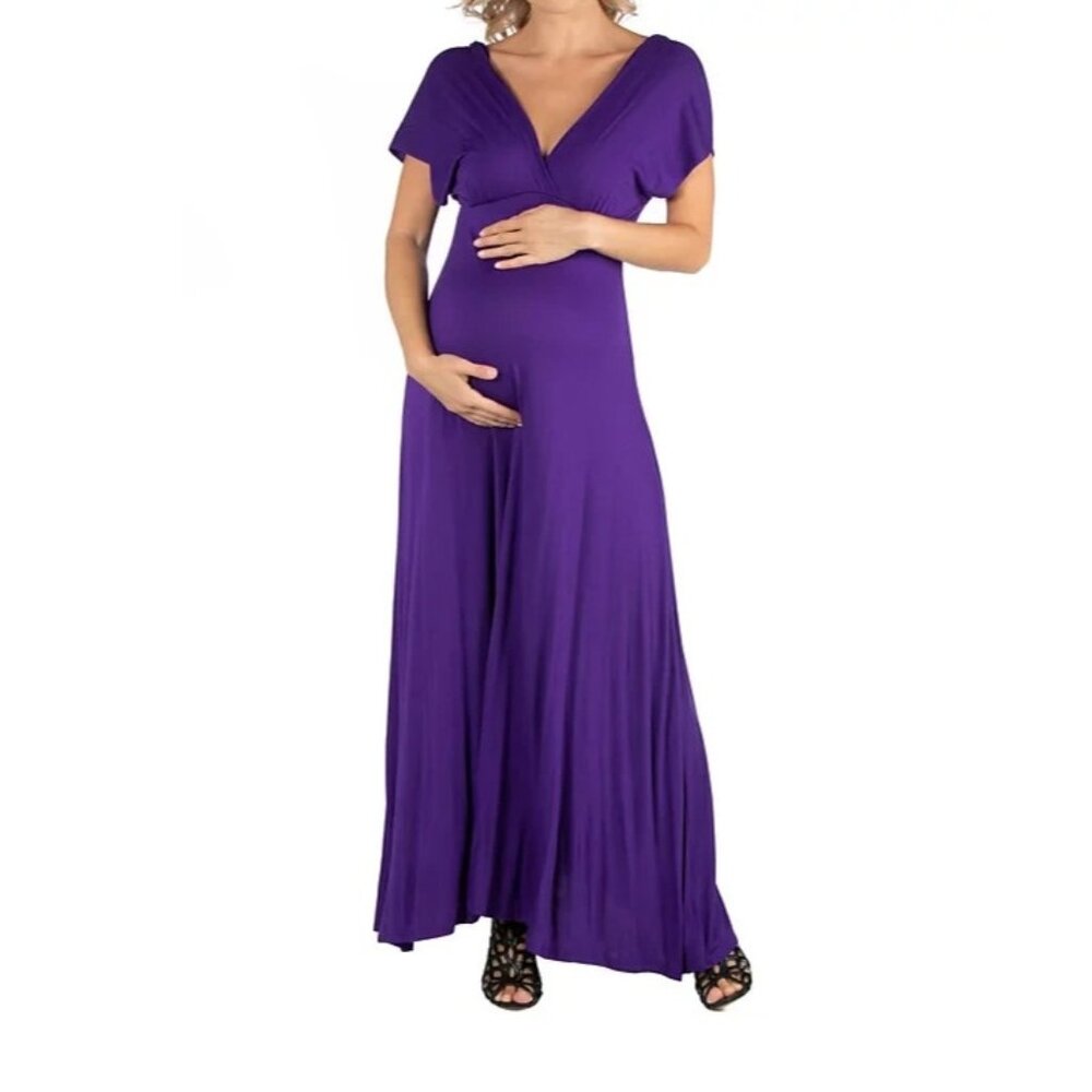 24seven Cap Sleeve V Neck Maternity Maxi Dress Purple Size L MSRP $80